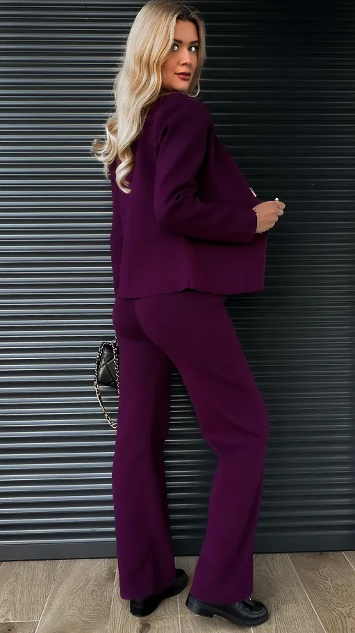 Dzianinowy jesienny komplet elegancki sweter + spodnie ONE SIZE purpura - R316