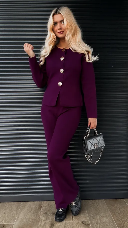 Dzianinowy jesienny komplet elegancki sweter + spodnie ONE SIZE purpura - R316