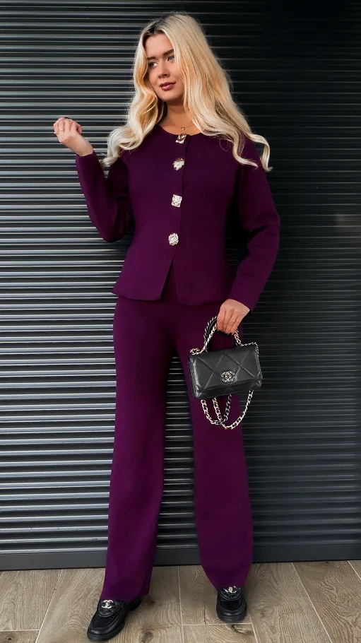 Dzianinowy jesienny komplet elegancki sweter + spodnie ONE SIZE purpura - R316