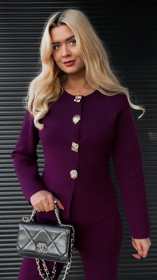 Dzianinowy jesienny komplet elegancki sweter + spodnie ONE SIZE purpura - R316