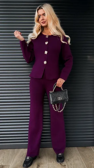 Dzianinowy jesienny komplet elegancki sweter + spodnie ONE SIZE purpura - R316