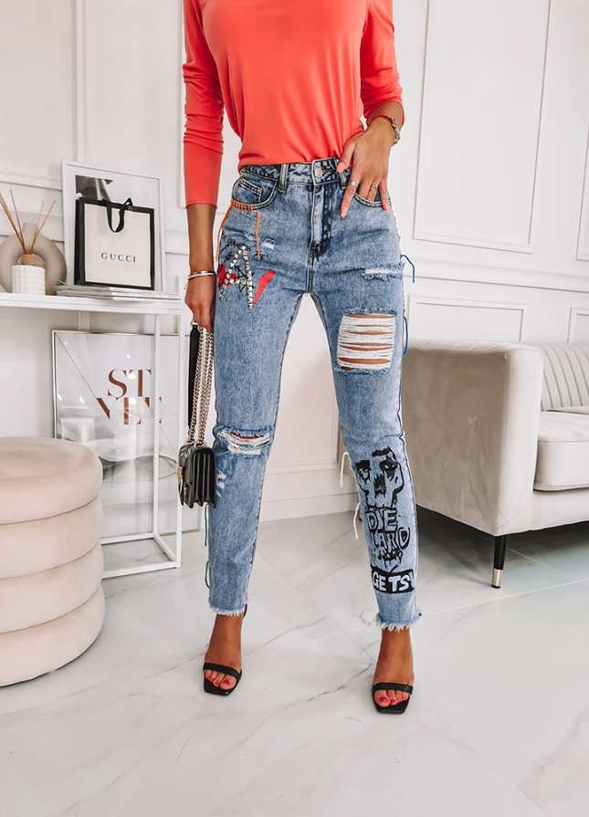 Spodnie jeansowe kolorowe dodatki - K043