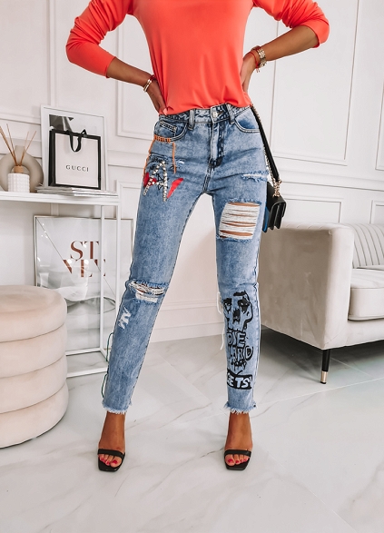 Spodnie jeansowe kolorowe dodatki - K043
