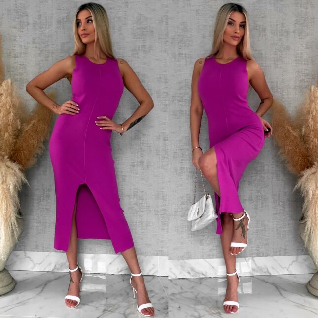 Elastyczna sukienka dzianinowa z rozcięciem z przodu ONE SIZE fuksja - R577