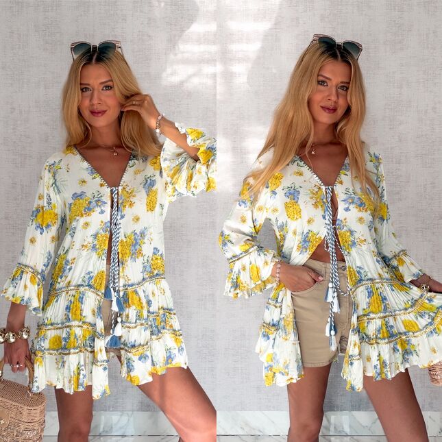 Bluzka tunika wiązana w stylu boho w oryginalne żółte kwiaty - S146
