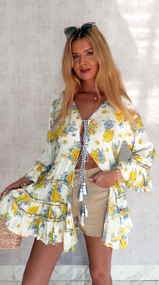 Bluzka tunika wiązana w stylu boho w oryginalne żółte kwiaty - S146