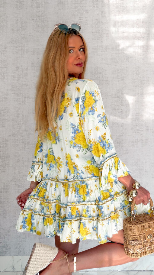 Bluzka tunika wiązana w stylu boho w oryginalne żółte kwiaty - S146