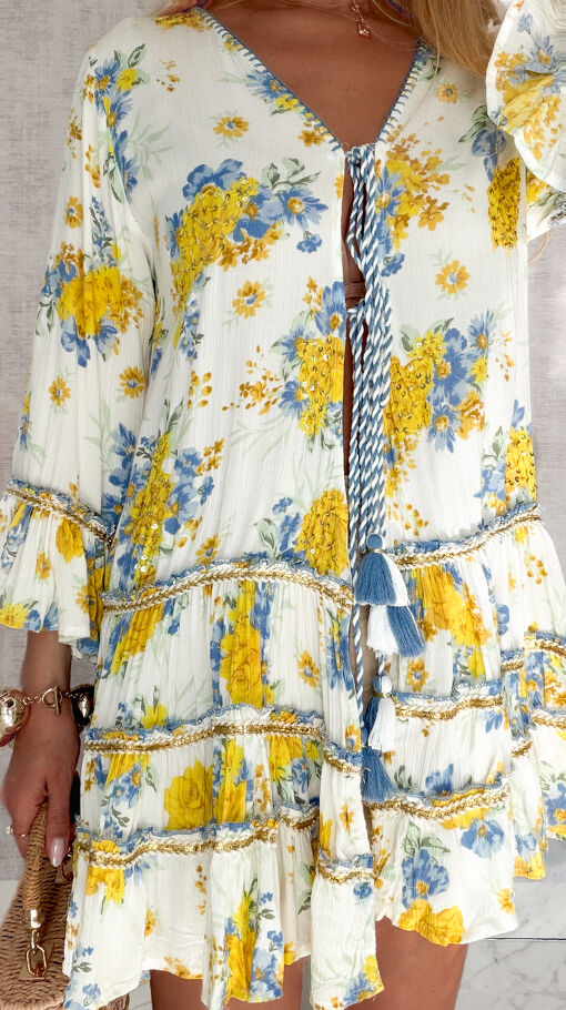 Bluzka tunika wiązana w stylu boho w oryginalne żółte kwiaty - S146