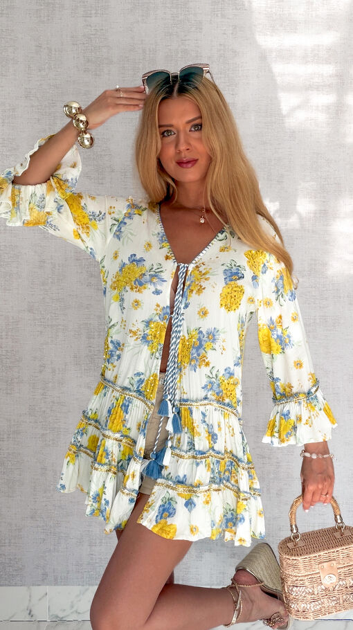 Bluzka tunika wiązana w stylu boho w oryginalne żółte kwiaty - S146