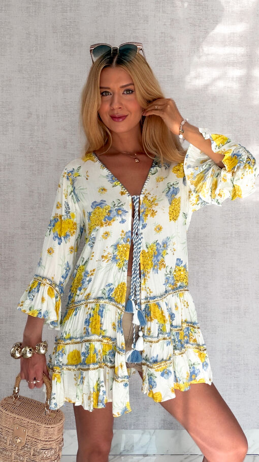 Bluzka tunika wiązana w stylu boho w oryginalne żółte kwiaty - S146