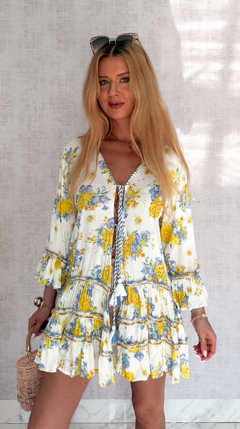 Bluzka tunika wiązana w stylu boho w oryginalne żółte kwiaty - S146