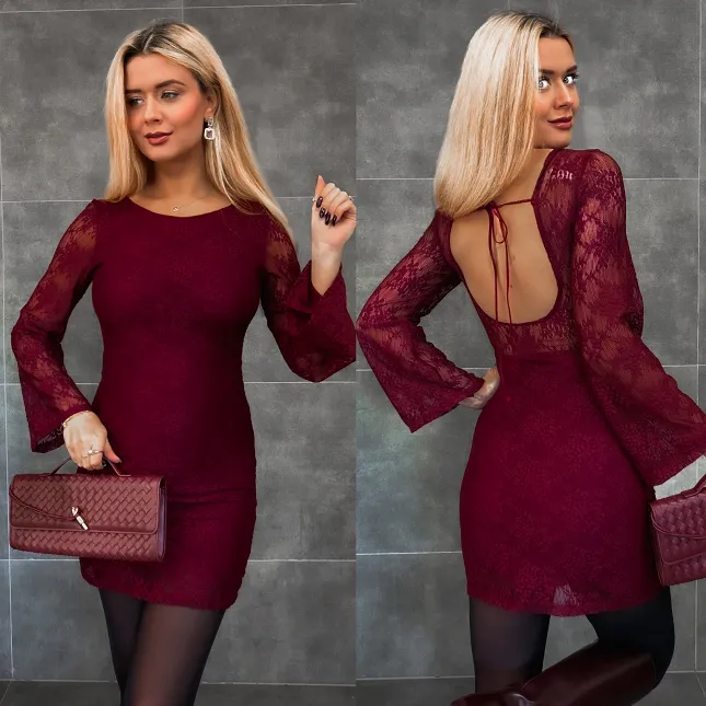 Bordowa mini sukienka z koronki ONE SIZE - R337A