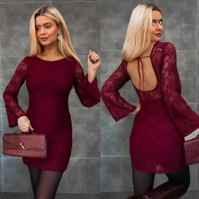 Bordowa mini sukienka z koronki ONE SIZE - R337A