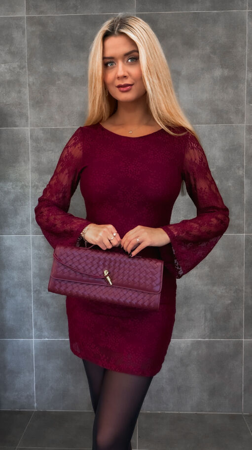 Bordowa mini sukienka z koronki ONE SIZE - R337A