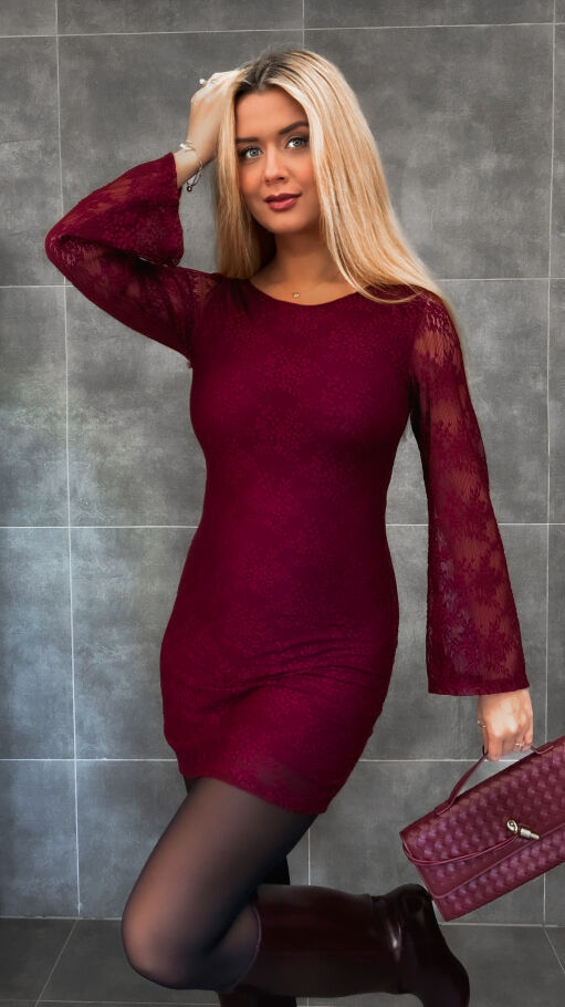 Bordowa mini sukienka z koronki ONE SIZE - R337A