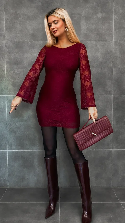 Bordowa mini sukienka z koronki ONE SIZE - R337A