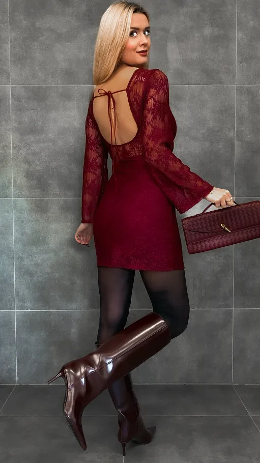 Bordowa mini sukienka z koronki ONE SIZE - R337A