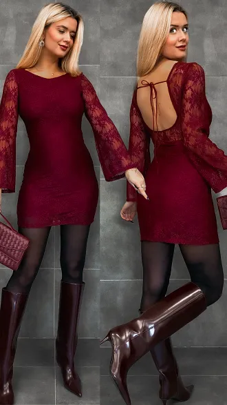 Bordowa mini sukienka z koronki ONE SIZE - R337A