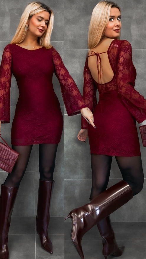 Bordowa mini sukienka z koronki ONE SIZE - R337A