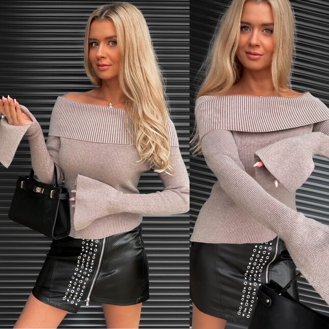 Modna bluzka dzianinowa w prążki ONE SIZE beżowa - S493