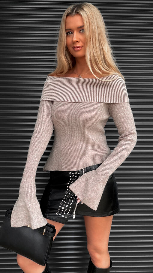 Modna bluzka dzianinowa w prążki ONE SIZE beżowa - S493