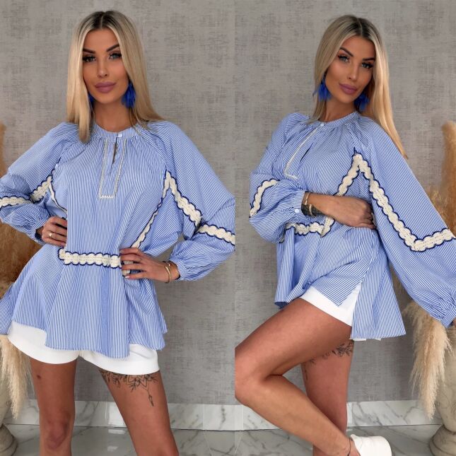 Asymetryczna bluzka koszulowa BOHO w niebieskie paski ONE SIZE - R452