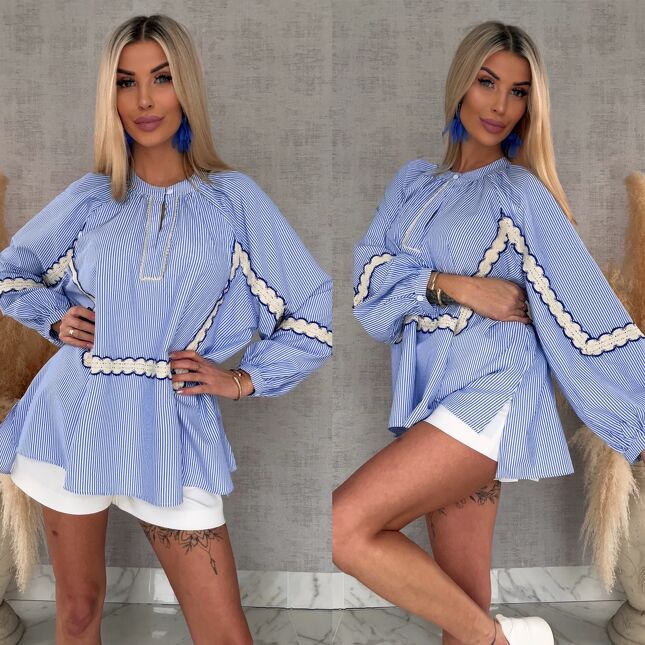 Asymetryczna bluzka koszulowa BOHO w niebieskie paski ONE SIZE - R452