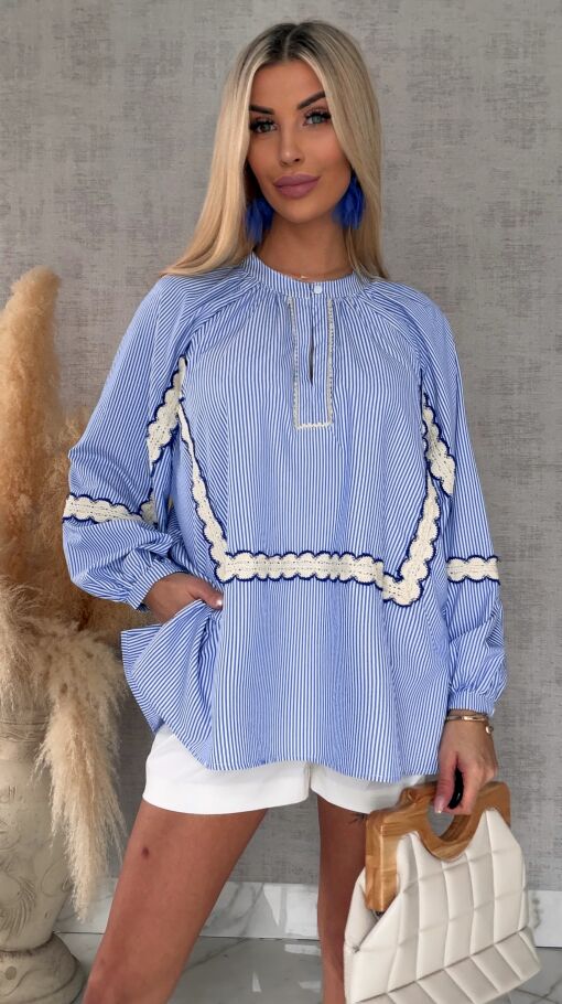 Asymetryczna bluzka koszulowa BOHO w niebieskie paski ONE SIZE - R452