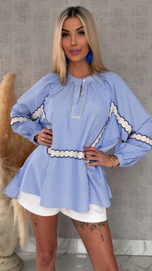 Asymetryczna bluzka koszulowa BOHO w niebieskie paski ONE SIZE - R452