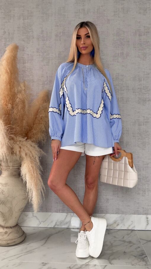 Asymetryczna bluzka koszulowa BOHO w niebieskie paski ONE SIZE - R452