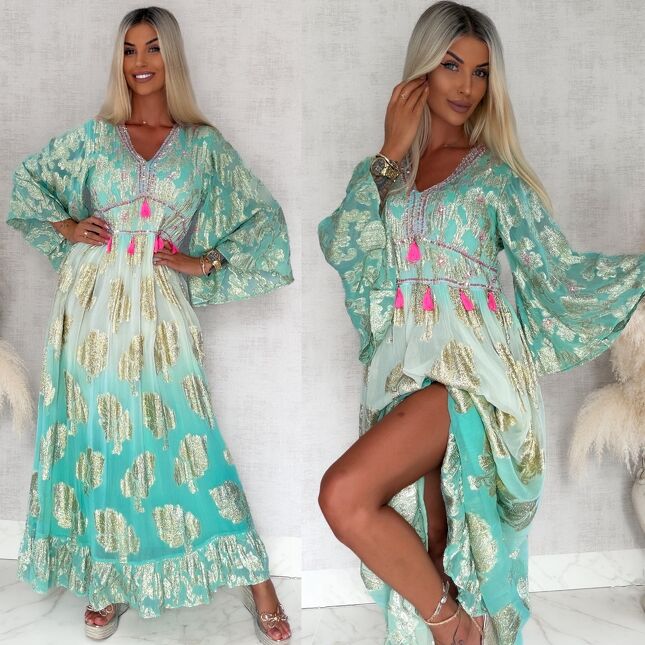 Długa boho sukienka OMBRE ze złotymi haftami i różowymi chwostami - S198