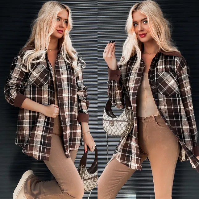 Bawełniana koszula w brązową kratę ONE SIZE - R279