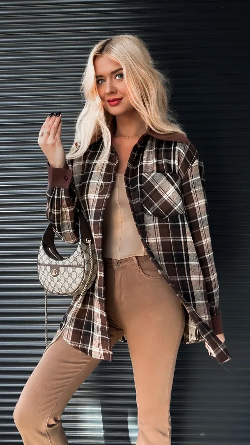 Bawełniana koszula w brązową kratę ONE SIZE - R279