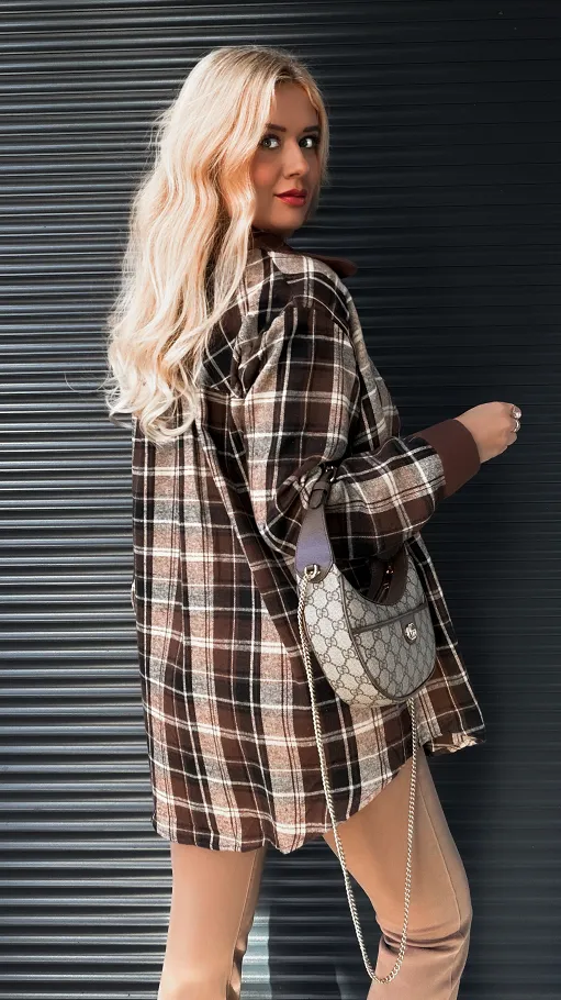 Bawełniana koszula w brązową kratę ONE SIZE - R279