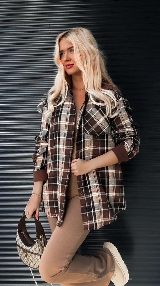 Bawełniana koszula w brązową kratę ONE SIZE - R279