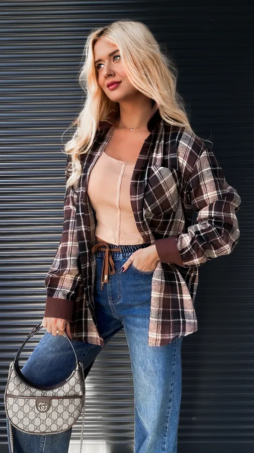Bawełniana koszula w brązową kratę ONE SIZE - R279