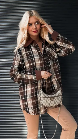 Bawełniana koszula w brązową kratę ONE SIZE - R279