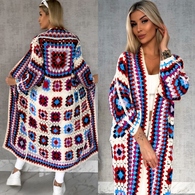 Wiosenna szydełkowa MAXI narzutka czerwono-niebieska ONE SIZE - R646