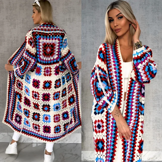 Wiosenna szydełkowa MAXI narzutka czerwono-niebieska ONE SIZE - R646