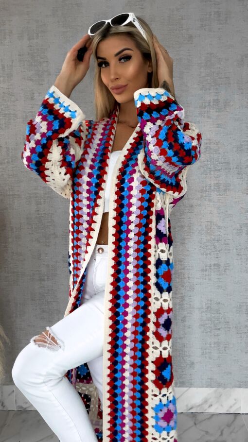 Wiosenna szydełkowa MAXI narzutka czerwono-niebieska ONE SIZE - R646