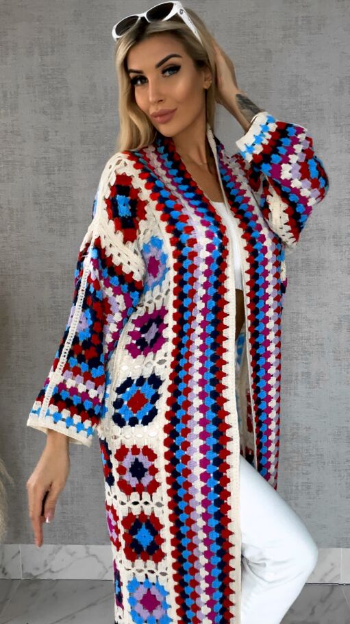 Wiosenna szydełkowa MAXI narzutka czerwono-niebieska ONE SIZE - R646