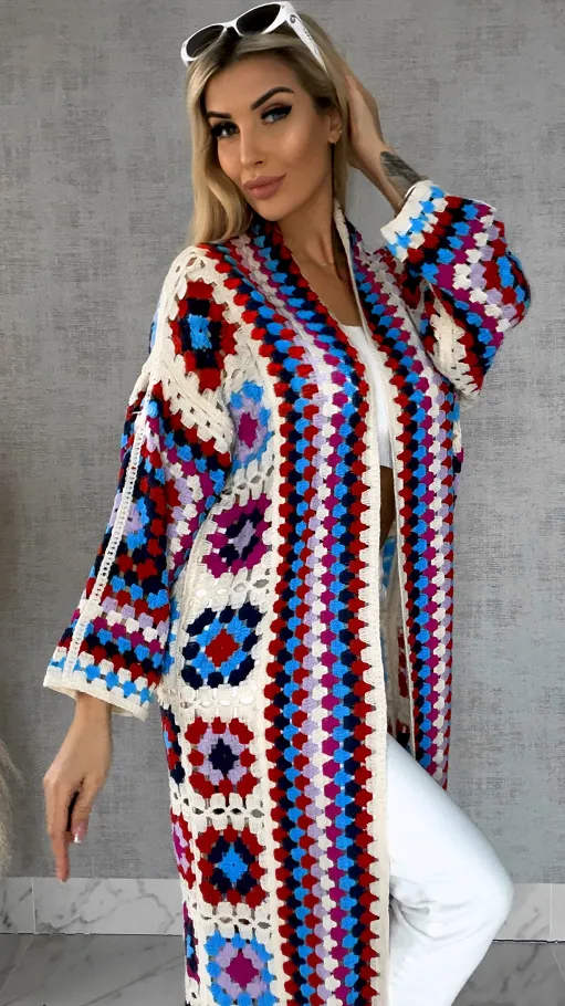 Wiosenna szydełkowa MAXI narzutka czerwono-niebieska ONE SIZE - R646