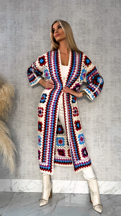 Wiosenna szydełkowa MAXI narzutka czerwono-niebieska ONE SIZE - R646