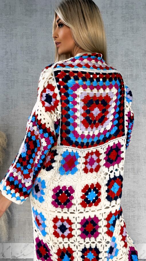 Wiosenna szydełkowa MAXI narzutka czerwono-niebieska ONE SIZE - R646