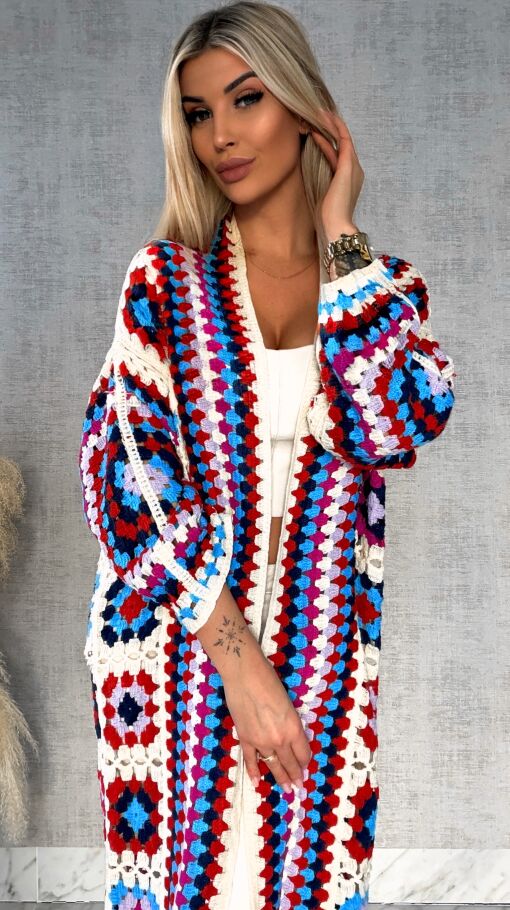 Wiosenna szydełkowa MAXI narzutka czerwono-niebieska ONE SIZE - R646