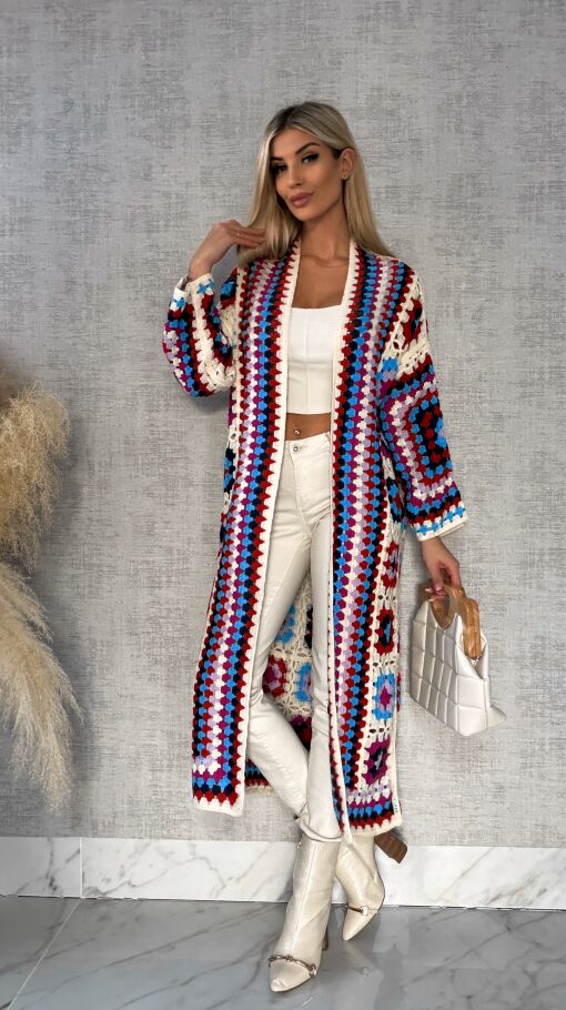 Wiosenna szydełkowa MAXI narzutka czerwono-niebieska ONE SIZE - R646