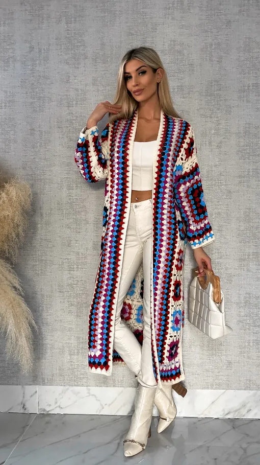 Wiosenna szydełkowa MAXI narzutka czerwono-niebieska ONE SIZE - R646