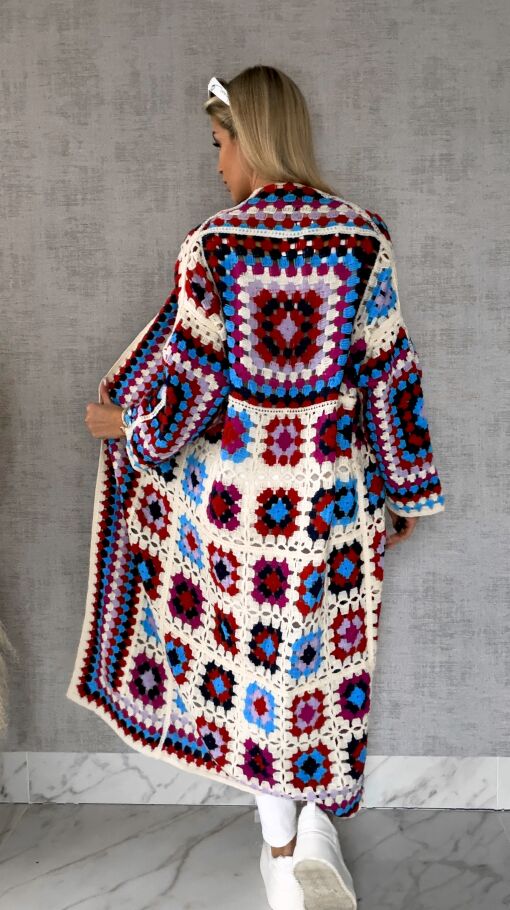 Wiosenna szydełkowa MAXI narzutka czerwono-niebieska ONE SIZE - R646