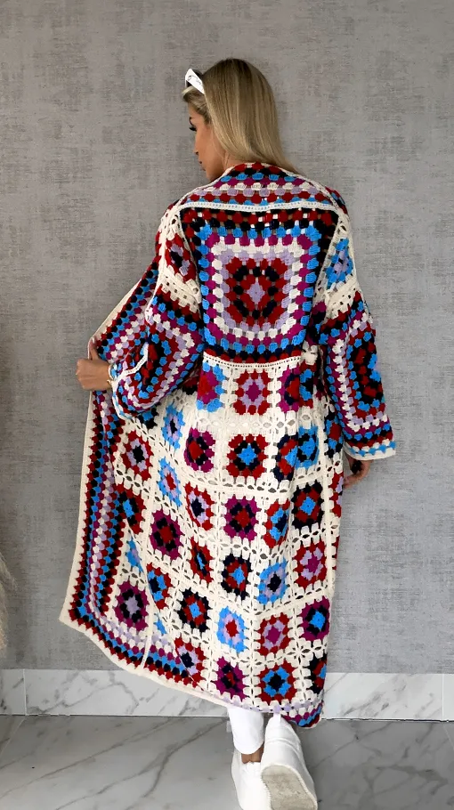 Wiosenna szydełkowa MAXI narzutka czerwono-niebieska ONE SIZE - R646