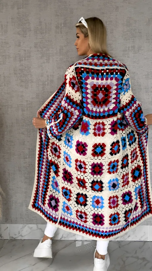 Wiosenna szydełkowa MAXI narzutka czerwono-niebieska ONE SIZE - R646